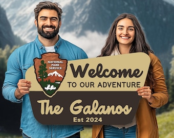 Engagement Announcement Nature Lover Baby Shower Wedding Reception NPS inspired family name sign Camping National Park Service Welcome Sign