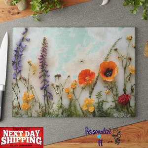 Wildflowers themed glass cutting board for wedding gift Botanical glass cutting board custom home decor cutting board wildflowers