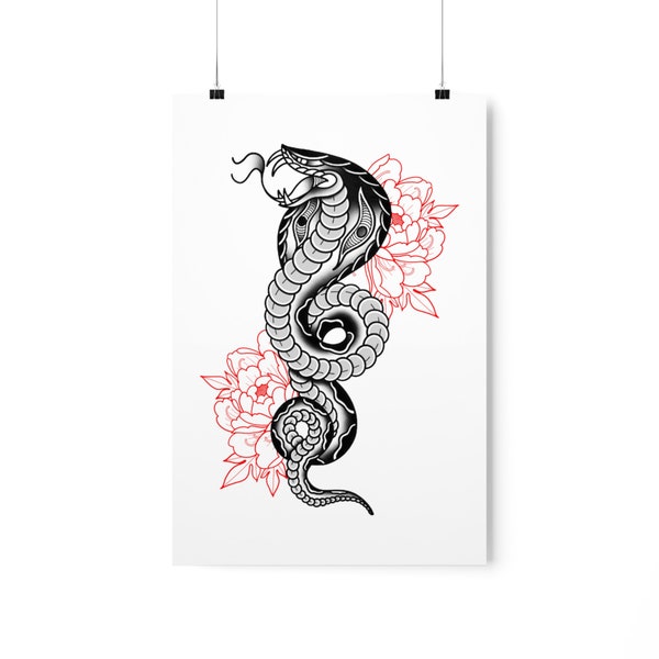 Black & Red Old School American Tattoo Snake with Flowers-A3, A4-Premium Matte Vertical Poster