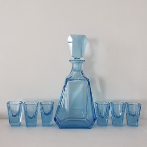 Conjunto de jarra | jarra azul com 6 copos de cristal | jarra de cristal | Checoslováquia | Art Déco, período entre guerras