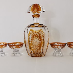 Carafe with glasses, Josephinenhutte Art Deco Flower Engraving crystal glass, amber glaze Art Deco 1930's