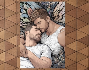 Fairy Ever After - Poster | Masculine man laying in the arms of his very own masculine male fairy | Fantasy of male fairy holding his human