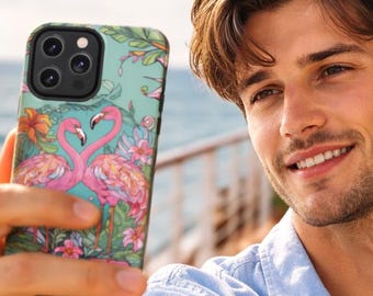 Flamingos in Paradise Tough Phone Case | Tropical Bliss | Two Pink Flamingos for every phone call or text | iPhone and Samsung