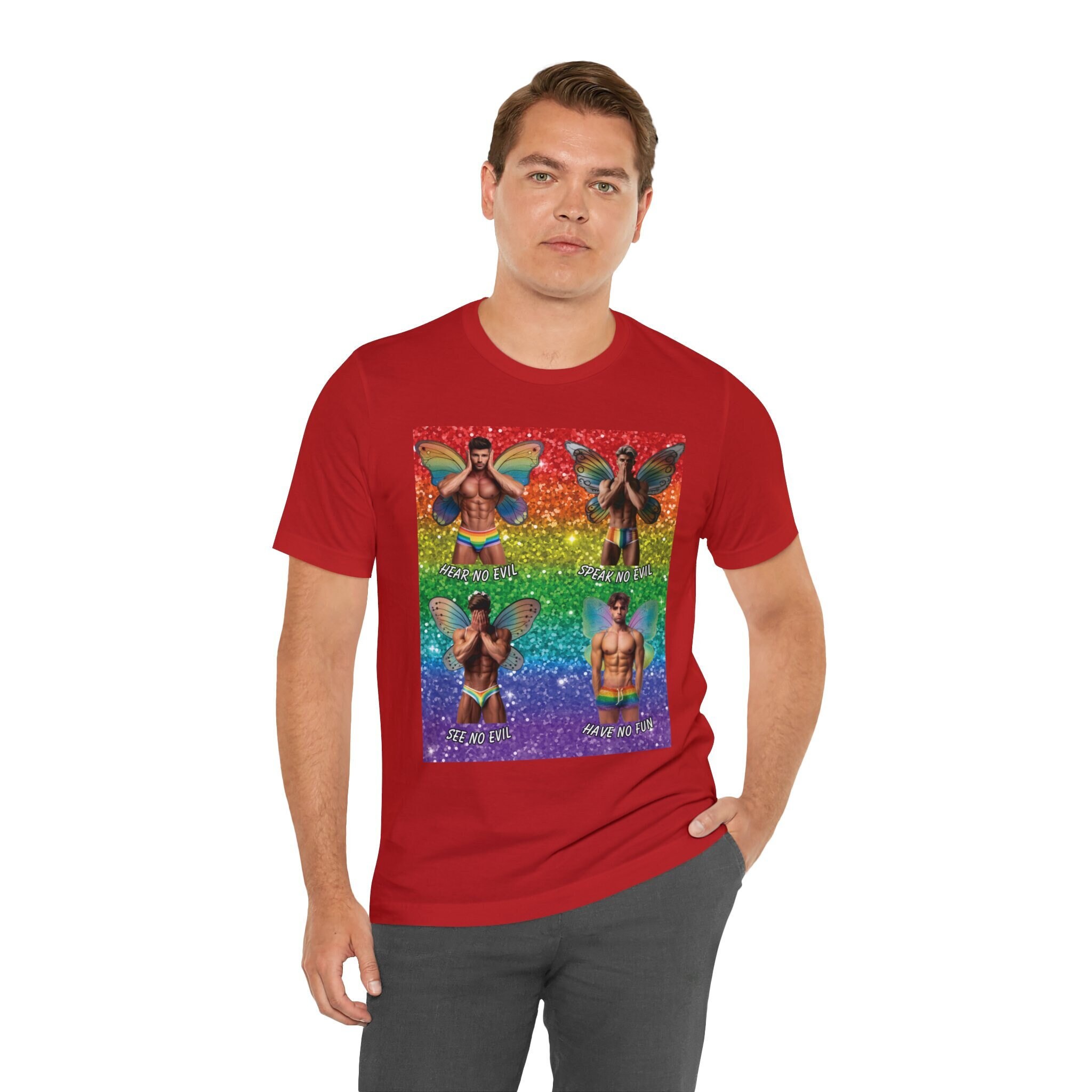 No te diviertas: hada, Camiseta unisex, No escuchar el mal, No hablar, No ver el mal, No te diviertas, Hada masculina, Fantasía, Arte gay, LGBTQ
