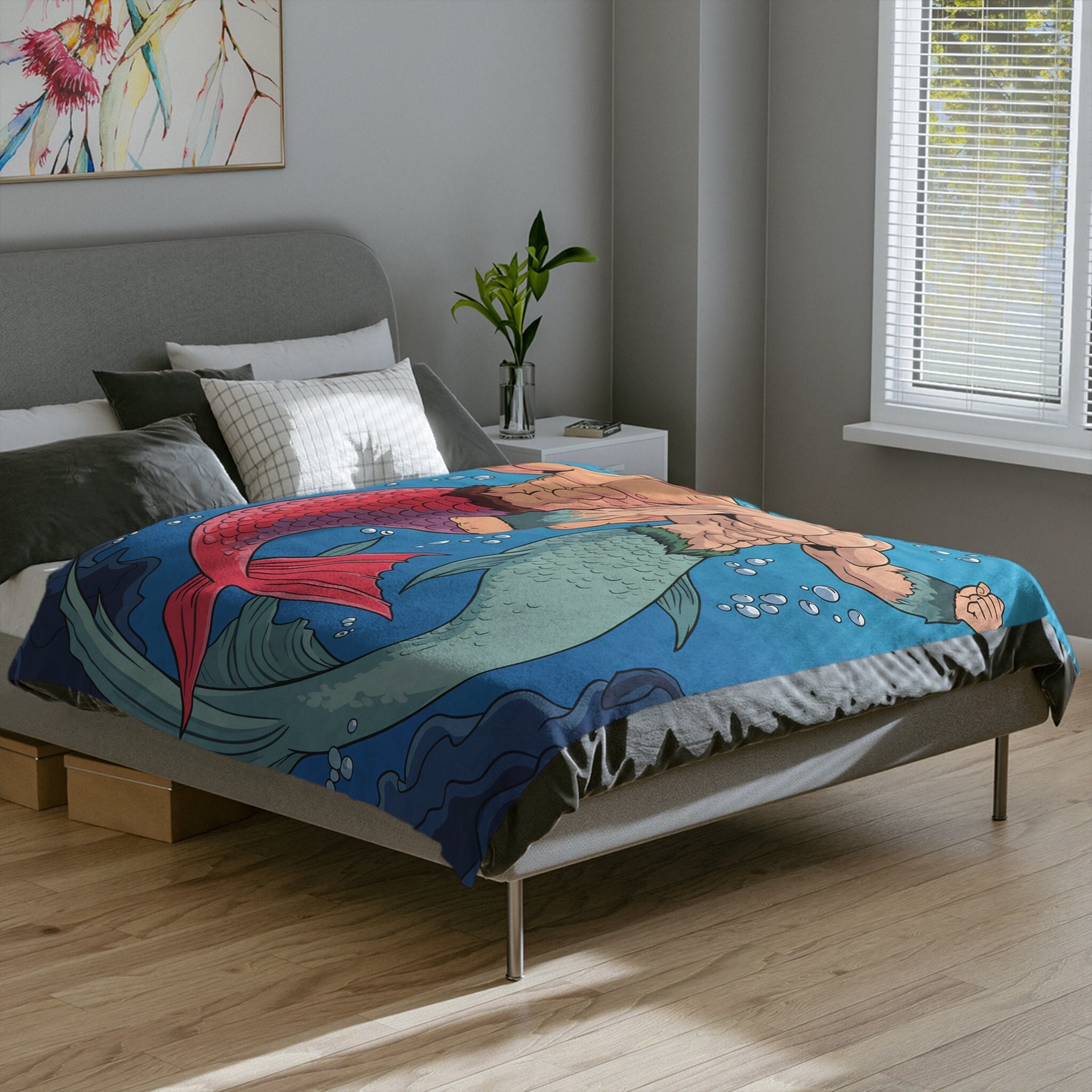Enchanted Merman Harmony Throw Blanket | Soft Ligthweight Blanket | Mermen Design on Front | White Backside | Comfort with Merfolk Fantasy