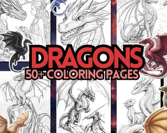 50+ Dragons Coloring Pages, Fantasy Art, Knights, Princesses (Digital Download)