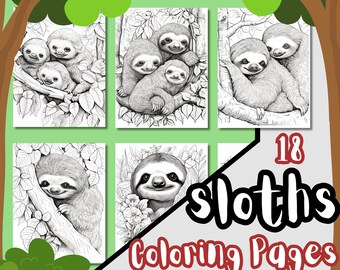Páginas para colorear de perezosos para niños y adultos, Perezosos bebés y familias de perezosos, Libro para colorear de perezosos para todas las edades, Libro para colorear de perezosos en la naturaleza