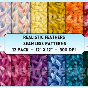 May include: Twelve seamless patterns featuring realistic feathers in various colours, including purple, blue, green, orange, yellow, pink, and red. Each pattern is 12 inches by 12 inches and 300 DPI.