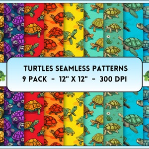May include: Nine seamless patterns featuring colorful cartoon turtles on different colored backgrounds. Each pattern is 12 inches by 12 inches and 300 DPI. The text "TURTLES SEAMLESS PATTERNS 9 PACK - 12" X 12" - 300 DPI" is displayed in a banner at the top of the image.