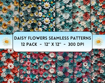 3D Daisies Seamless Patterns, Floral Print, Skinny Tumbler Sublimation Design, Straight & Tapered Tumbler Wrap, Instant Digital Download PNG