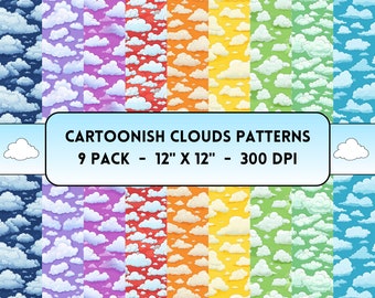 Cartoon Clouds Digital Papers, Cartoon Sky, Playful Cloud Patterns, Whimsical Seamless Backgrounds, DIY Crafts, Nursery Decor, Sky jpg