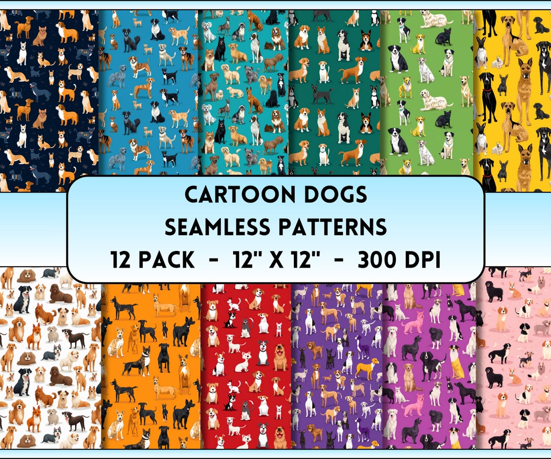 Cartoon Dogs Seamless Patterns, Cartoon Dogs Prints, Canines Digital ...