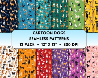 Patrones sin costuras de perros de dibujos animados, impresiones de perros de dibujos animados, impresiones digitales caninas, varios perros como diseños de Labrador y Golden Retriever