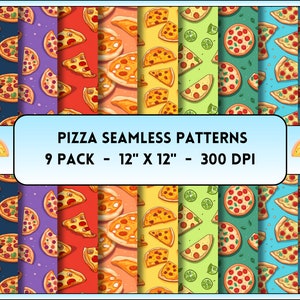 May include: Nine seamless patterns featuring colorful pizza slices and whole pizzas on different backgrounds. The patterns are 12 inches by 12 inches and 300 DPI.
