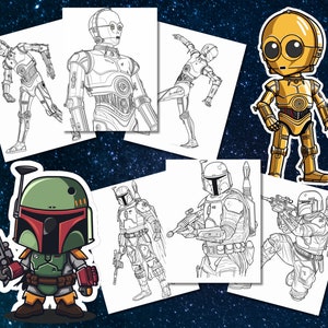 May include: A set of printable coloring pages featuring Star Wars characters. The pages include Boba Fett, C-3PO, R2-D2, and a Stormtrooper.