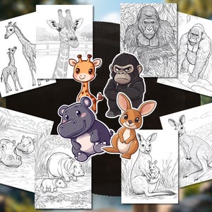 以下が含まれることがあります： キリン、ゴリラ、カンガルー、カバ、サルなど、さまざまな動物が描かれた白黒の塗り絵。動物は漫画風で、色を塗る準備ができています。