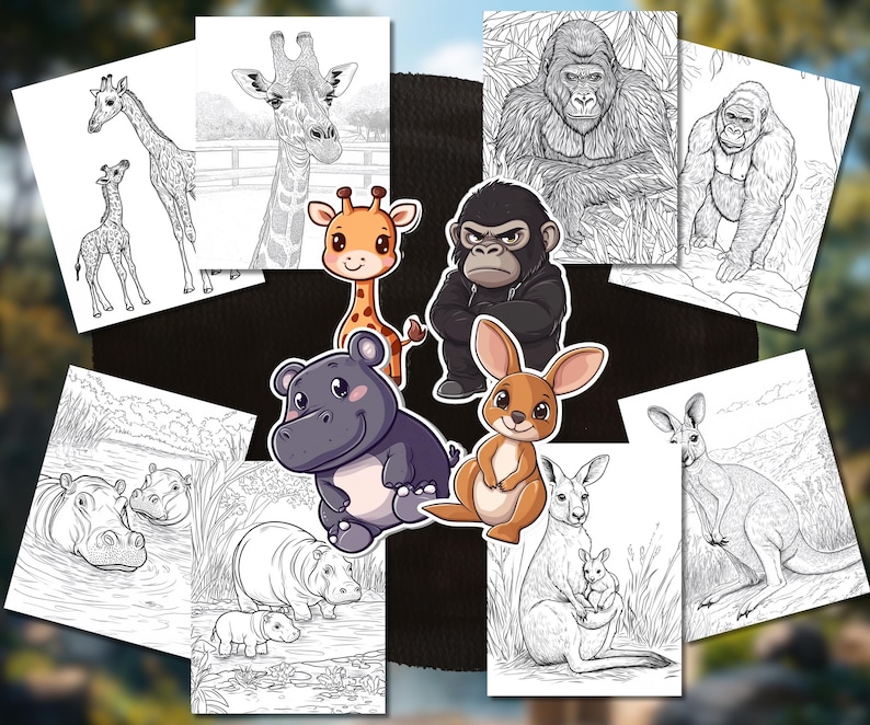 以下が含まれることがあります： キリン、ゴリラ、カンガルー、カバ、サルなど、さまざまな動物が描かれた白黒の塗り絵。動物は漫画風で、色を塗る準備ができています。