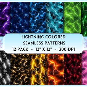 May include: A collection of 12 seamless patterns featuring lightning designs in various colors, including purple, blue, green, and yellow. Each pattern is 12" x 12" and has a resolution of 300 DPI. The text "LIGHTNING COLORED SEAMLESS PATTERNS" is displayed.