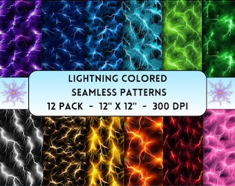 Patrones sin costuras relámpagos, papeles digitales Lightning Bundle, 12x12, impresiones de electricidad, artesanías de papel, telones de fondo, retratos brillantes JPG PNG