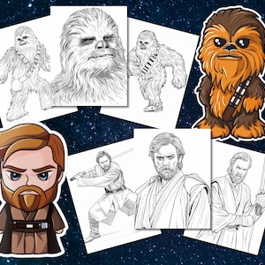 May include: A set of five printable coloring pages featuring characters from Star Wars. The pages include a black and white illustration of Chewbacca, Obi-Wan Kenobi, and a younger version of Luke Skywalker.