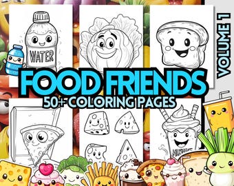 50+ Food Coloring Pages, Kawaii Food Characters Coloring, Food Coloring Sheets, Cozy Moments Coloring, Adult and Kids Coloring