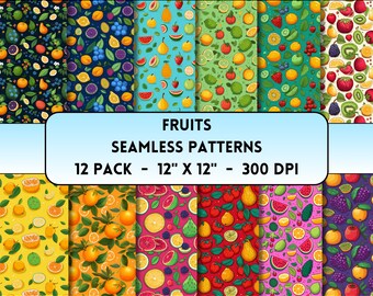 Fruits Seamless Patterns, Cartoon Fruits Digital Prints, Funny Fruits, Orange and Lemon Digital Paper, Instant Download 300 DPI