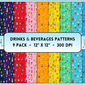 Drinks & Beverages Patterns, Cocktails Digital Papers, Drinks and Beverages Digital Papers, Drinks Seamless, Drinks Icons JPG, Cartoon Soda