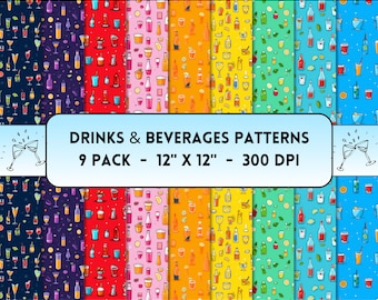 Drinks & Beverages Patterns, Cocktails Digital Papers, Drinks and Beverages Digital Papers, Drinks Seamless, Drinks Icons JPG, Cartoon Soda