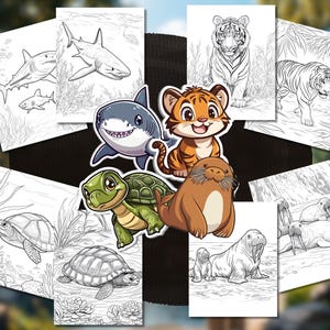 以下が含まれることがあります： サメ、トラ、カメ、セイウチなど、さまざまな動物が描かれた塗り絵のセットです。ページは白黒で、色を塗る準備ができています。