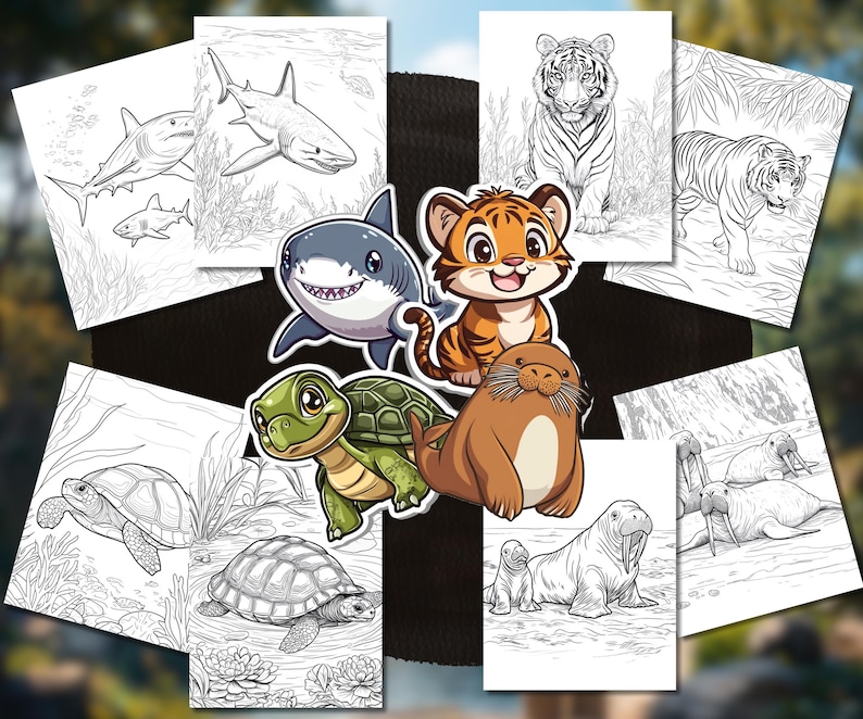 以下が含まれることがあります： サメ、トラ、カメ、セイウチなど、さまざまな動物が描かれた塗り絵のセットです。ページは白黒で、色を塗る準備ができています。