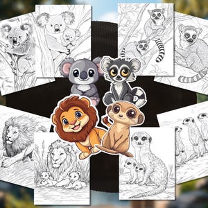 以下が含まれることがあります： ライオン、ミーアキャット、レムール、コアラなど、さまざまな動物が描かれた白黒の塗り絵。大人も子供も楽しめるようにデザインされています。