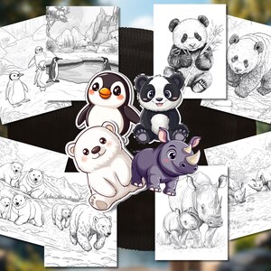 以下が含まれることがあります： ペンギン、パンダ、ホッキョクグマ、サイなど、さまざまな動物を描いた白黒の塗り絵8枚セット。子供たちが色を塗るように設計されています。