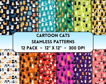 Cartoon Cats Seamless Patterns, Cartoon Cats Prints, Cat Digital Prints, Perfect for Crafts or Cat Friendly Restaurants and Cafés Promotion!