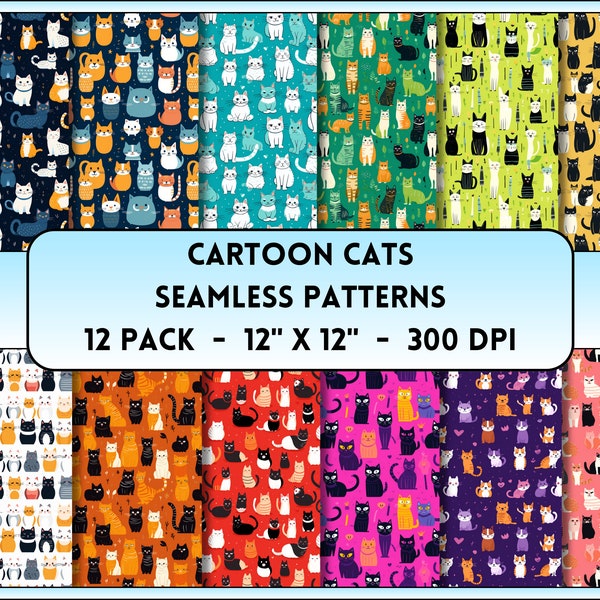 Cartoon Cats Seamless Patterns, Cartoon Cats Prints, Cat Digital Prints, Perfect for Crafts or Cat Friendly Restaurants and Cafés Promotion!