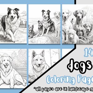 May include: A set of 14 black and white dog coloring pages. The pages feature various dog breeds in different poses and settings. The text "14 Dogs Coloring Pages" and "all pages are in landscape mode" is included on the image.