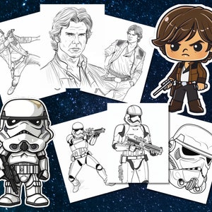 May include: A set of six black and white printable coloring pages featuring characters from Star Wars. The pages include Han Solo, a Stormtrooper, and a First Order Stormtrooper.