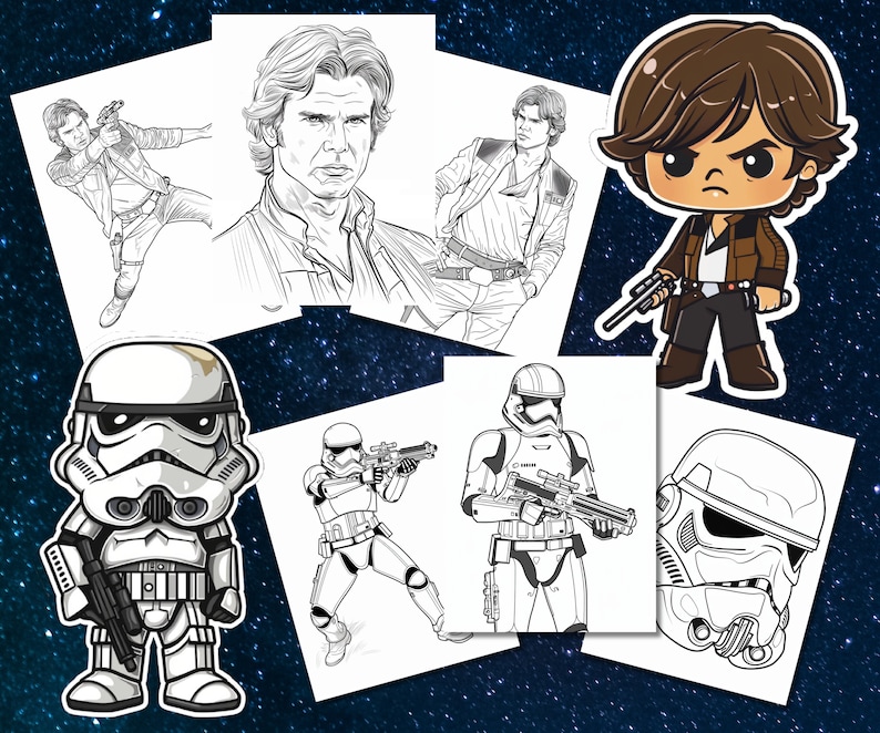May include: A set of six black and white printable coloring pages featuring characters from Star Wars. The pages include Han Solo, a Stormtrooper, and a First Order Stormtrooper.