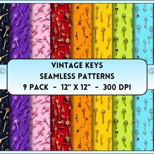 May include: Nine vintage key seamless patterns in various colors, including black, purple, pink, red, orange, yellow, green, blue, and turquoise. Each pattern is 12 inches by 12 inches and 300 DPI.