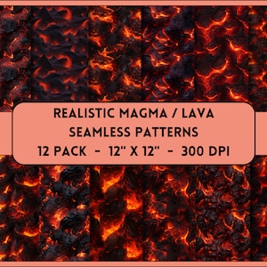 Puede incluir: Doce patrones sin costuras de texturas realistas de magma o lava. Cada patrón mide 30,5 cm por 30,5 cm y 300 DPI.