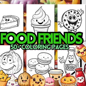50+ Kawaii Essen Malseiten, lustige Zeichentrickfiguren zum Ausmalen, gemütliche Freunde vom Essen, Essen und Getränke Malvorlagen, digitale Färbung
