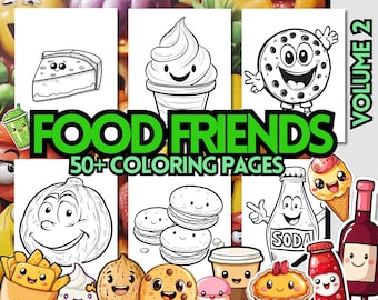 50+ Kawaii Food Coloring Pages, Funny Cartoon Characters Coloring, Cozy Friends from Food, Food and Drinks Coloring Sheets, Digital Coloring