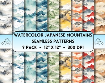 Watercolor Japanese Mountains Seamless Patterns, Digital Paper Pack, Prints, Instant Download, Japan Nature Backgrounds, 300 DPI, 12x12 Inch