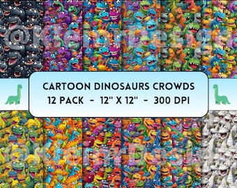 Dinosaur Crowd Themed Seamless Patterns, Digital Paper, 12 Scrapbook Patterns, Pattern Paper, Seamless Patterns, Digital Background, Cartoon