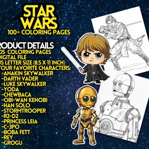 May include: A digital coloring book featuring 105 pages of Star Wars characters. The characters include Luke Skywalker, Darth Vader, Yoda, Chewbacca, Obi-Wan Kenobi, Han Solo, Stormtrooper, R2-D2, Princess Leia, C-3PO, Boba Fett, Rey, and Grogu. The coloring book is 8.5 inches by 11 inches.