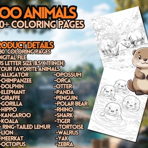 以下が含まれることがあります： 「Zoo Animals 100+ Coloring Pages」というテキストが書かれた白黒の塗り絵本の表紙。表紙には、ワニ、チンパンジー、イルカ、ゾウ、キリン、ゴリラ、カバ、カンガルー、コアラ、オポッサム、シャチ、カワウソ、パンダ、ペンギン、ホッキョクグマ、サイ、サメ、トラ、リングテイルレマー、カメ、ライオン、ミーアキャット、タコ、セイウチ、ヤク、シマウマなど、さまざまな動物のリストが掲載されています。表紙には、サイと泳いでいるカワウソの群れの白黒のイラストも描かれています。