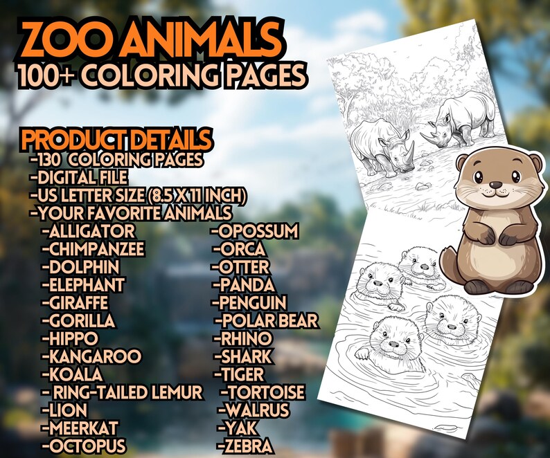 以下が含まれることがあります： 「Zoo Animals 100+ Coloring Pages」というテキストが書かれた白黒の塗り絵本の表紙。表紙には、ワニ、チンパンジー、イルカ、ゾウ、キリン、ゴリラ、カバ、カンガルー、コアラ、オポッサム、シャチ、カワウソ、パンダ、ペンギン、ホッキョクグマ、サイ、サメ、トラ、リングテイルレマー、カメ、ライオン、ミーアキャット、タコ、セイウチ、ヤク、シマウマなど、さまざまな動物のリストが掲載されています。表紙には、サイと泳いでいるカワウソの群れの白黒のイラストも描かれています。