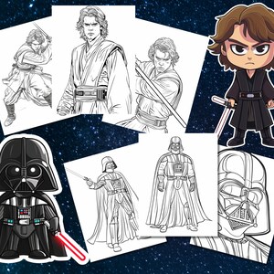 May include: A set of printable coloring pages featuring characters from Star Wars. The pages include Darth Vader, Luke Skywalker, and a chibi version of Darth Vader.