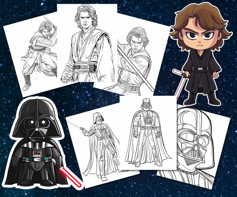 May include: A set of printable coloring pages featuring characters from Star Wars. The pages include Darth Vader, Luke Skywalker, and a chibi version of Darth Vader.
