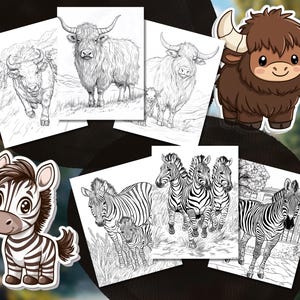 以下が含まれることがあります： ヤク、シマウマ、ヤクなど、さまざまな動物が描かれた塗り絵のページ。動物は白黒で描かれており、ページは色を塗る準備ができています。