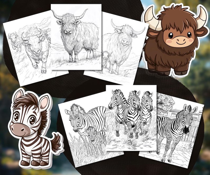 以下が含まれることがあります： ヤク、シマウマ、ヤクなど、さまざまな動物が描かれた塗り絵のページ。動物は白黒で描かれており、ページは色を塗る準備ができています。